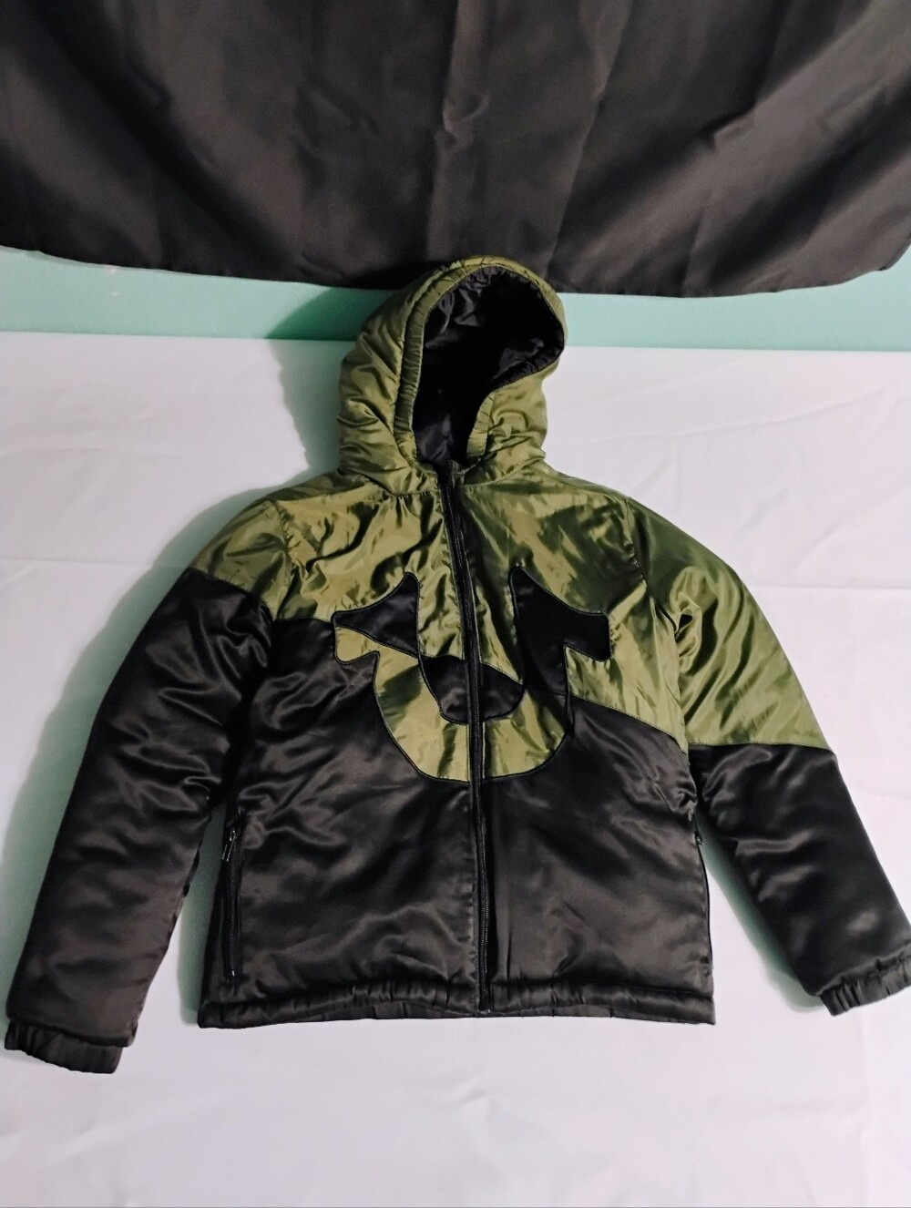 True Religion Black Green Bomber Jacket Kids Sz 8/10? " Flaws"
